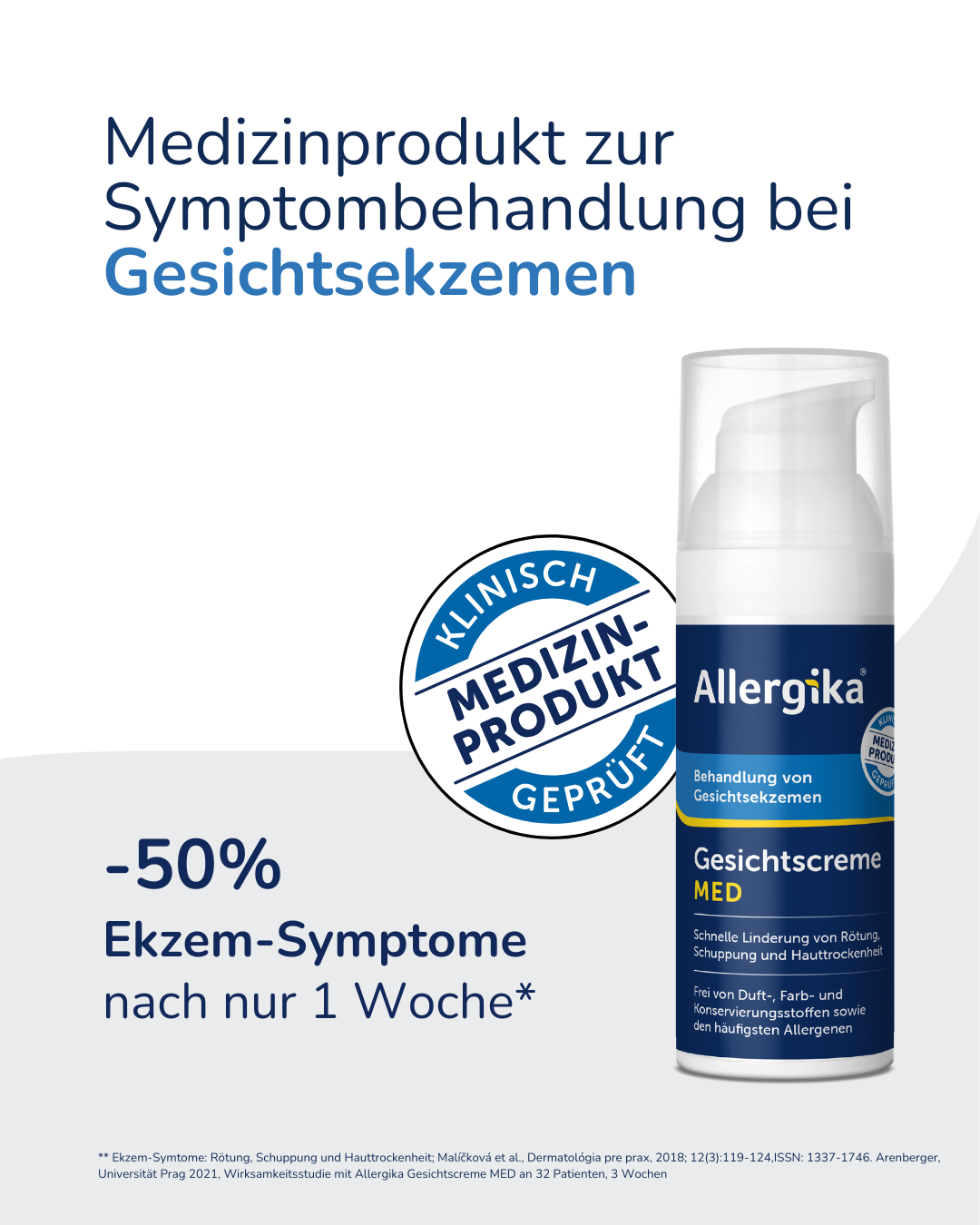 ALLERGIKA Gesichtscreme MED, weiße Pumpflasche. Blaue Aufschrift, transparente Kappe. Medizinprodukt.